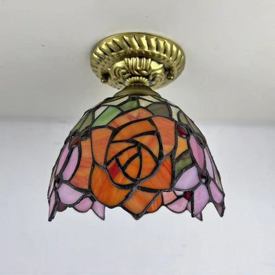 Traditional Tiffany Stained Glass Rose Flower Round Shade Resin 1-Light Semi-Flush Mount Ceiling Light For Bedroom