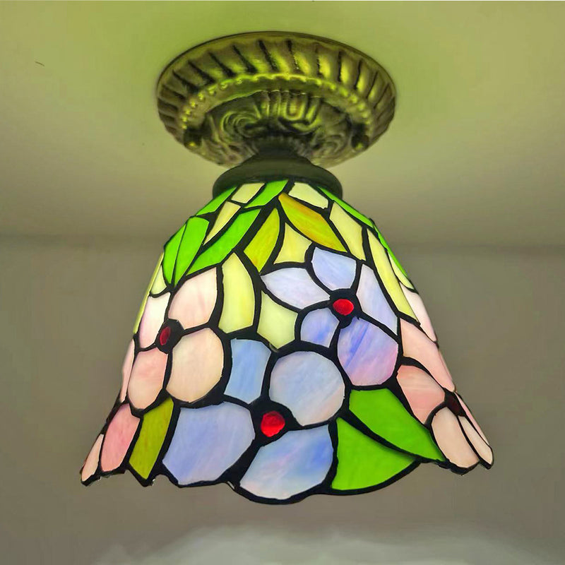 Traditional Tiffany Stained Glass Rose Flower Round Shade Resin 1-Light Semi-Flush Mount Ceiling Light For Bedroom