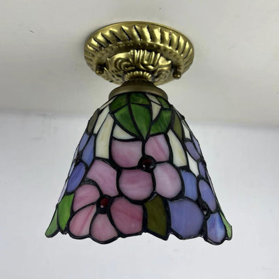 Traditional Tiffany Stained Glass Rose Flower Round Shade Resin 1-Light Semi-Flush Mount Ceiling Light For Bedroom