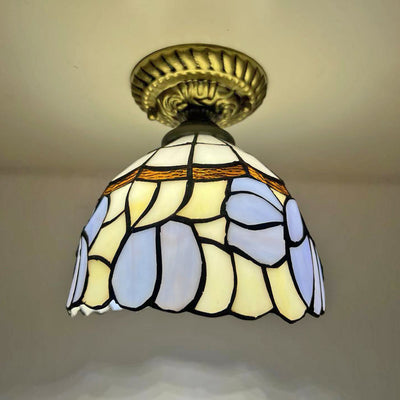 Traditional Tiffany Stained Glass Rose Flower Round Shade Resin 1-Light Semi-Flush Mount Ceiling Light For Bedroom