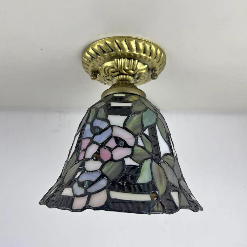 Traditional Tiffany Stained Glass Rose Flower Round Shade Resin 1-Light Semi-Flush Mount Ceiling Light For Bedroom