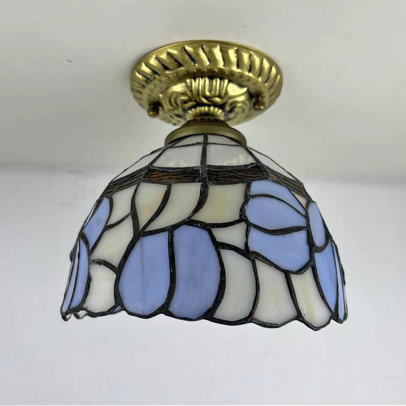 Traditional Tiffany Stained Glass Rose Flower Round Shade Resin 1-Light Semi-Flush Mount Ceiling Light For Bedroom