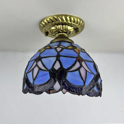 Traditional Tiffany Stained Glass Rose Flower Round Shade Resin 1-Light Semi-Flush Mount Ceiling Light For Bedroom