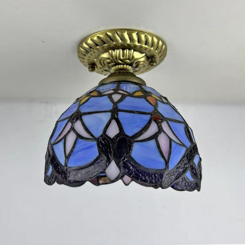 Traditional Tiffany Stained Glass Rose Flower Round Shade Resin 1-Light Semi-Flush Mount Ceiling Light For Bedroom