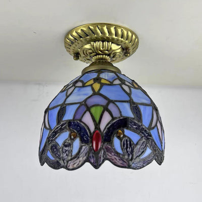 Traditional Tiffany Stained Glass Rose Flower Round Shade Resin 1-Light Semi-Flush Mount Ceiling Light For Bedroom