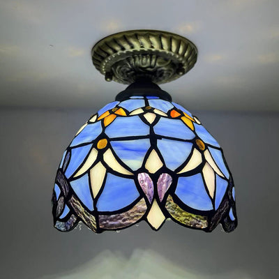 Traditional Tiffany Stained Glass Rose Flower Round Shade Resin 1-Light Semi-Flush Mount Ceiling Light For Bedroom