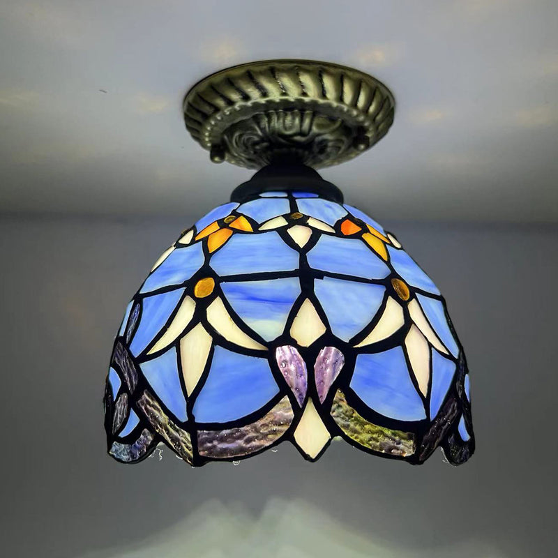 Traditional Tiffany Stained Glass Rose Flower Round Shade Resin 1-Light Semi-Flush Mount Ceiling Light For Bedroom