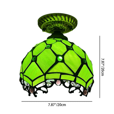 Traditional Tiffany Stained Glass Rose Flower Round Shade Resin 1-Light Semi-Flush Mount Ceiling Light For Bedroom