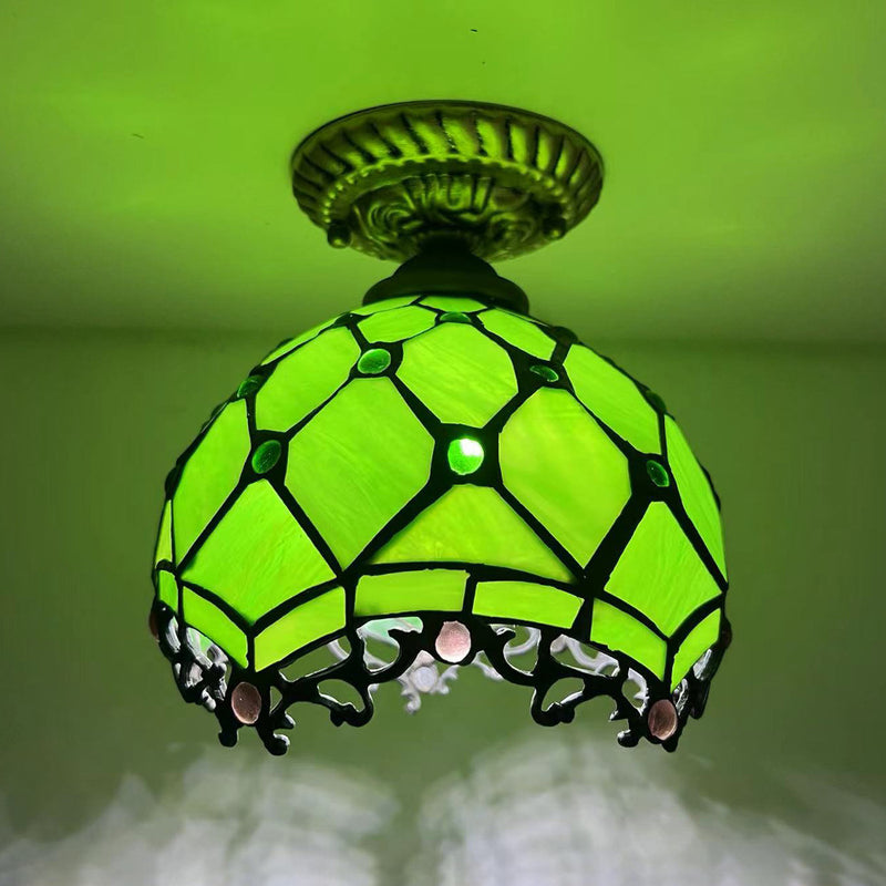 Traditional Tiffany Stained Glass Rose Flower Round Shade Resin 1-Light Semi-Flush Mount Ceiling Light For Bedroom