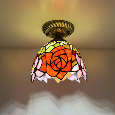 Traditional Tiffany Stained Glass Rose Flower Round Shade Resin 1-Light Semi-Flush Mount Ceiling Light For Bedroom