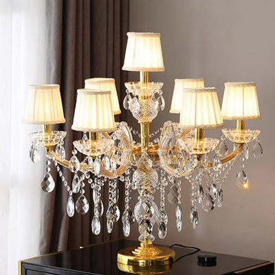 Modern Luxury Pleated Fabric Shade Hardware Glass Candelabra 7-Light Table Lamp For Home Office