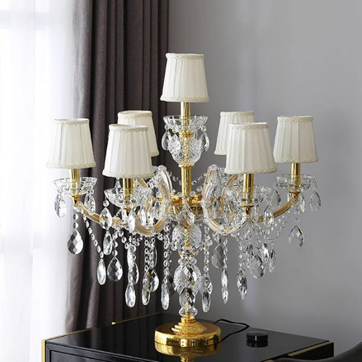 Modern Luxury Pleated Fabric Shade Hardware Glass Candelabra 7-Light Table Lamp For Home Office