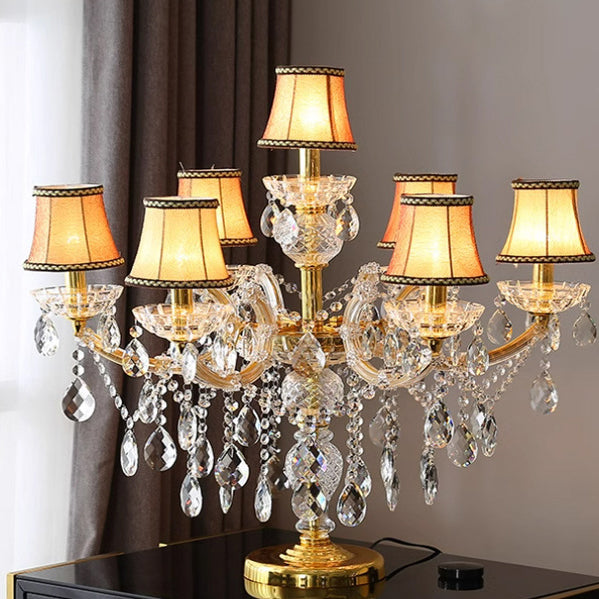 Modern Luxury Pleated Fabric Shade Hardware Glass Candelabra 7-Light Table Lamp For Home Office