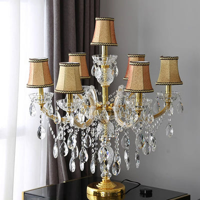 Modern Luxury Pleated Fabric Shade Hardware Glass Candelabra 7-Light Table Lamp For Home Office