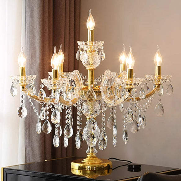 Modern Luxury Pleated Fabric Shade Hardware Glass Candelabra 7-Light Table Lamp For Home Office