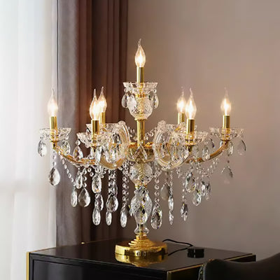 Modern Luxury Pleated Fabric Shade Hardware Glass Candelabra 7-Light Table Lamp For Home Office