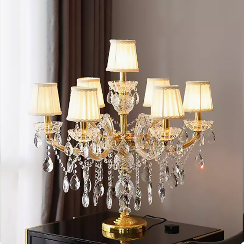 Modern Luxury Pleated Fabric Shade Hardware Glass Candelabra 7-Light Table Lamp For Home Office