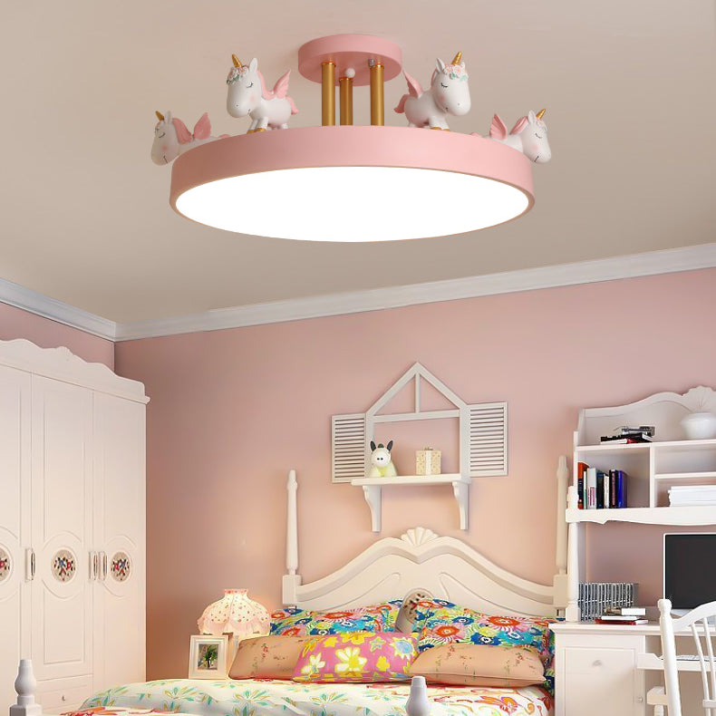 Contemporary Creative Resin Unicorn Decor Iron Acrylic Round LED Semi-Flush Mount Ceiling Light For Bedroom