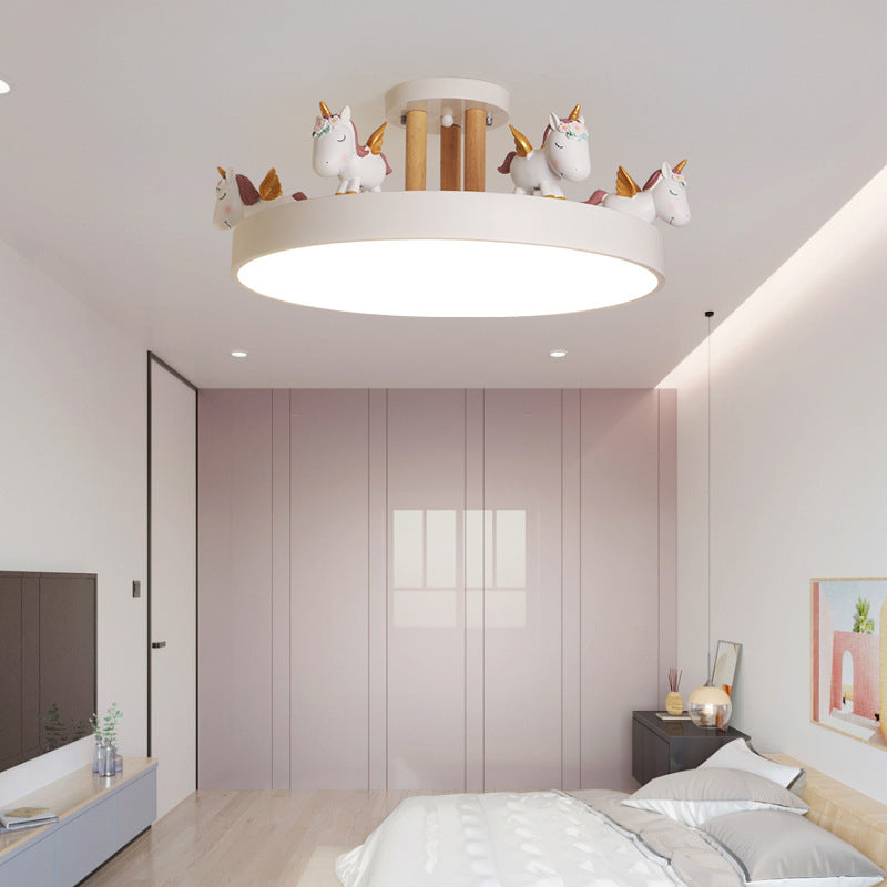 Contemporary Creative Resin Unicorn Decor Iron Acrylic Round LED Semi-Flush Mount Ceiling Light For Bedroom