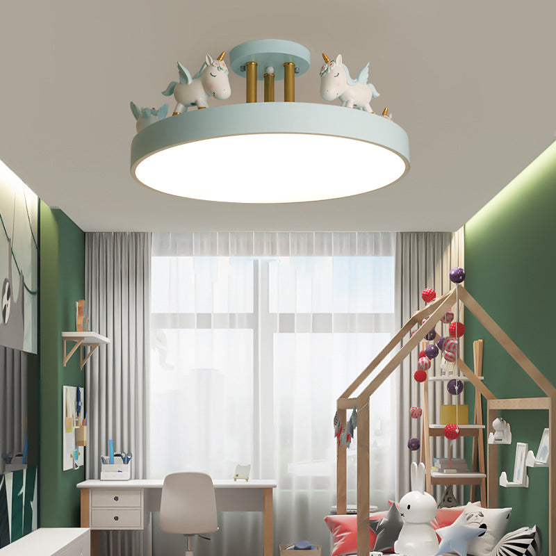 Contemporary Creative Resin Unicorn Decor Iron Acrylic Round LED Semi-Flush Mount Ceiling Light For Bedroom