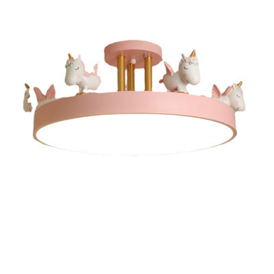 Contemporary Creative Resin Unicorn Decor Iron Acrylic Round LED Semi-Flush Mount Ceiling Light For Bedroom