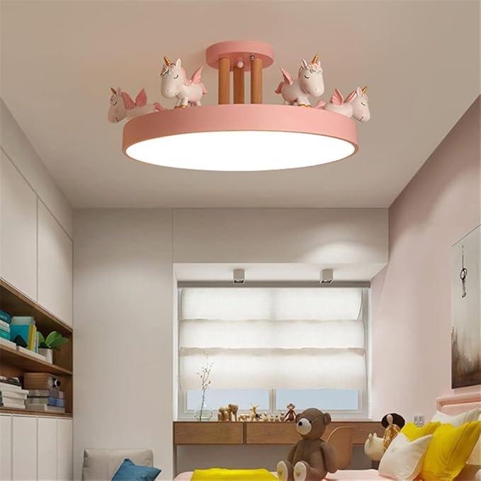 Contemporary Creative Resin Unicorn Decor Iron Acrylic Round LED Semi-Flush Mount Ceiling Light For Bedroom