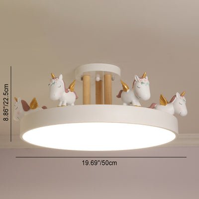 Contemporary Creative Resin Unicorn Decor Iron Acrylic Round LED Semi-Flush Mount Ceiling Light For Bedroom