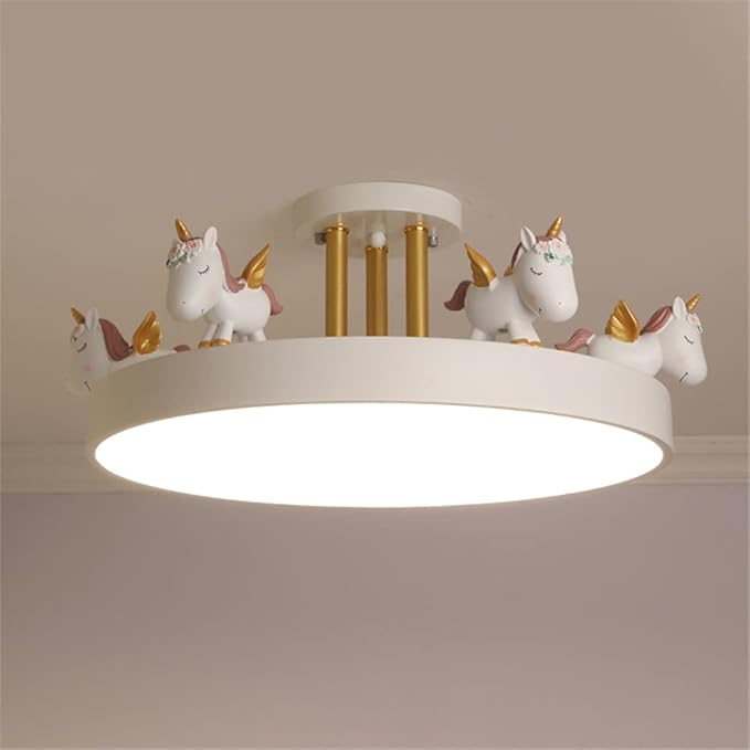 Contemporary Creative Resin Unicorn Decor Iron Acrylic Round LED Semi-Flush Mount Ceiling Light For Bedroom