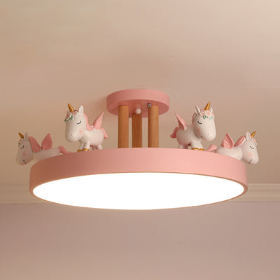 Contemporary Creative Resin Unicorn Decor Iron Acrylic Round LED Semi-Flush Mount Ceiling Light For Bedroom