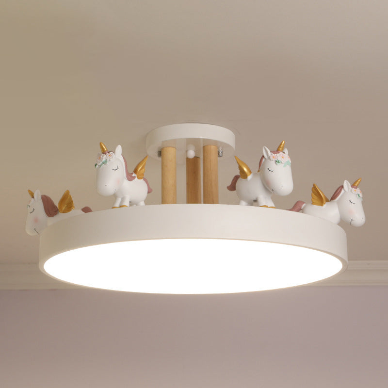 Contemporary Creative Resin Unicorn Decor Iron Acrylic Round LED Semi-Flush Mount Ceiling Light For Bedroom