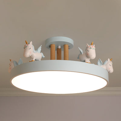 Contemporary Creative Resin Unicorn Decor Iron Acrylic Round LED Semi-Flush Mount Ceiling Light For Bedroom