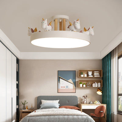 Contemporary Creative Resin Unicorn Decor Iron Acrylic Round LED Semi-Flush Mount Ceiling Light For Bedroom