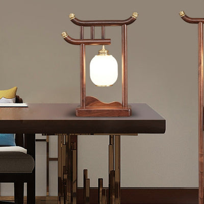 Traditional Chinese Solid Wood Frame Glass Round Shade 1-Light Table Lamp For Home Office