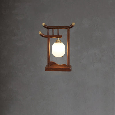 Traditional Chinese Solid Wood Frame Glass Round Shade 1-Light Table Lamp For Home Office