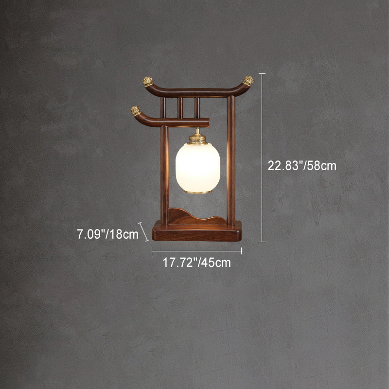 Traditional Chinese Solid Wood Frame Glass Round Shade 1-Light Table Lamp For Home Office