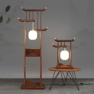 Traditional Chinese Solid Wood Frame Glass Round Shade 1-Light Standing Floor Lamp For Home Office