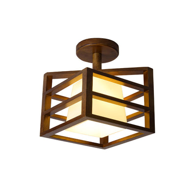 Traditional Farmhouse Solid Wood Square Frame Glass 1-Light Semi-Flush Mount Ceiling Light For Hallway