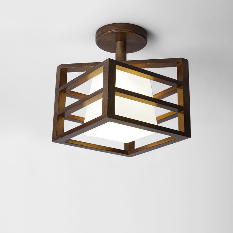 Traditional Farmhouse Solid Wood Square Frame Glass 1-Light Semi-Flush Mount Ceiling Light For Hallway