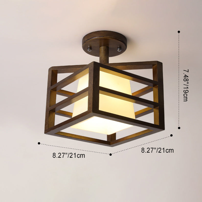 Traditional Farmhouse Solid Wood Square Frame Glass 1-Light Semi-Flush Mount Ceiling Light For Hallway