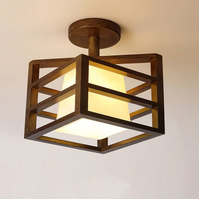 Traditional Farmhouse Solid Wood Square Frame Glass 1-Light Semi-Flush Mount Ceiling Light For Hallway