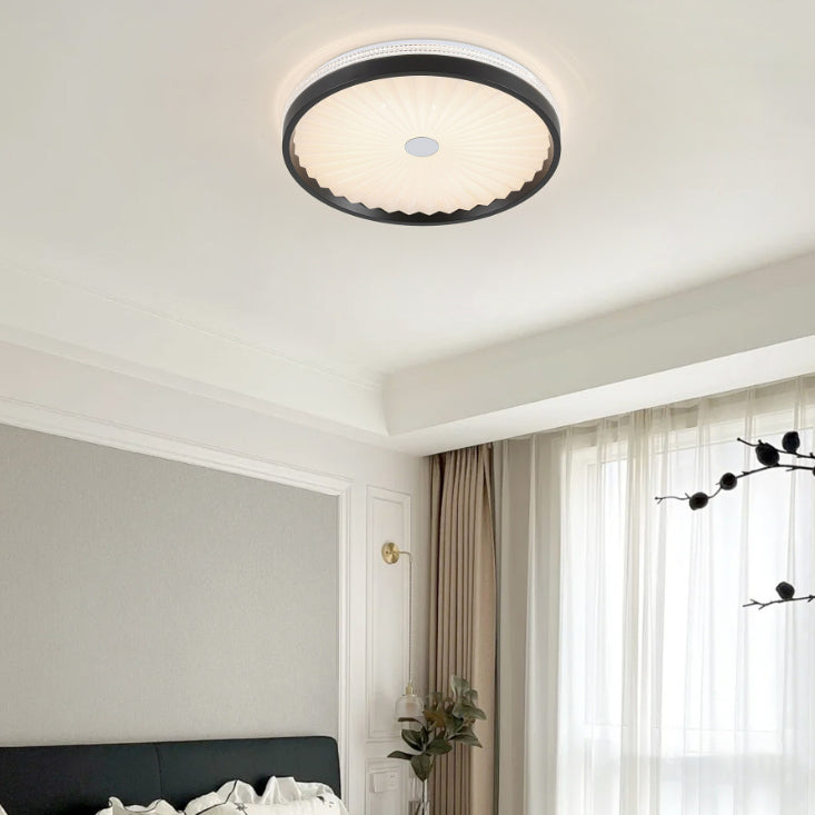 Contemporary Creative Hardware Imitation Wood Grain Pleated Acrylic Round Shade LED Flush Mount Ceiling Light For Bedroom