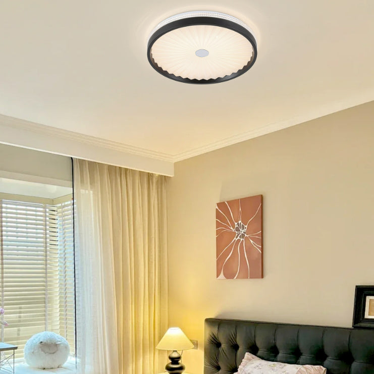 Contemporary Creative Hardware Imitation Wood Grain Pleated Acrylic Round Shade LED Flush Mount Ceiling Light For Bedroom