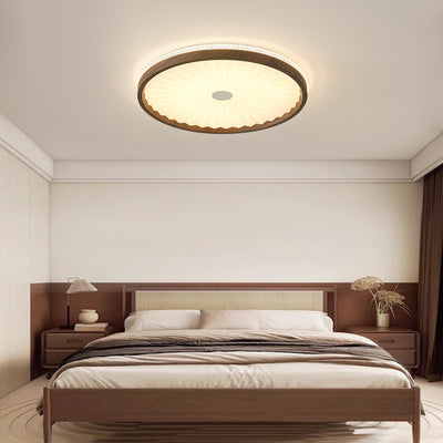 Contemporary Creative Hardware Imitation Wood Grain Pleated Acrylic Round Shade LED Flush Mount Ceiling Light For Bedroom