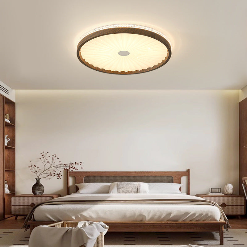 Contemporary Creative Hardware Imitation Wood Grain Pleated Acrylic Round Shade LED Flush Mount Ceiling Light For Bedroom