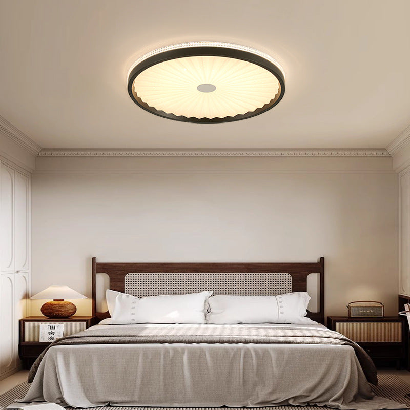 Contemporary Creative Hardware Imitation Wood Grain Pleated Acrylic Round Shade LED Flush Mount Ceiling Light For Bedroom