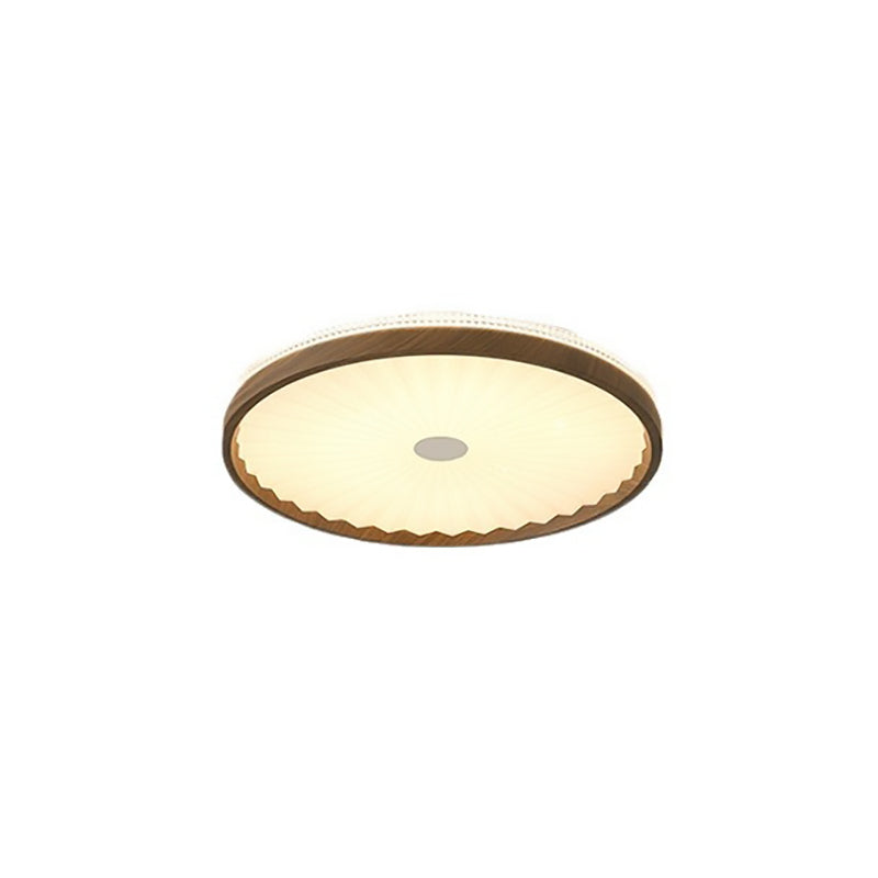 Contemporary Creative Hardware Imitation Wood Grain Pleated Acrylic Round Shade LED Flush Mount Ceiling Light For Bedroom