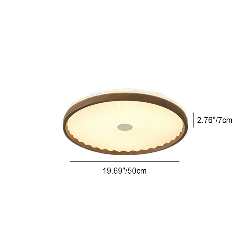 Contemporary Creative Hardware Imitation Wood Grain Pleated Acrylic Round Shade LED Flush Mount Ceiling Light For Bedroom