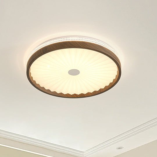 Contemporary Creative Hardware Imitation Wood Grain Pleated Acrylic Round Shade LED Flush Mount Ceiling Light For Bedroom