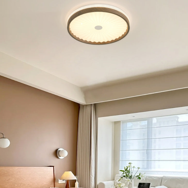 Contemporary Creative Hardware Imitation Wood Grain Pleated Acrylic Round Shade LED Flush Mount Ceiling Light For Bedroom