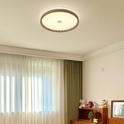 Contemporary Creative Hardware Imitation Wood Grain Pleated Acrylic Round Shade LED Flush Mount Ceiling Light For Bedroom